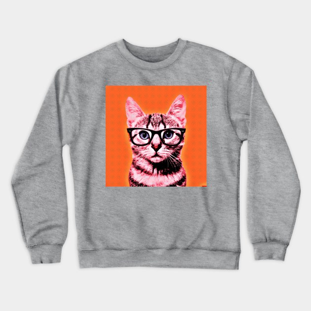 Pop Art Geek Cat in Orange Background - Print / Home Decor / Wall Art / Poster / Gift / Birthday / Cat Lover Gift / Animal print Canvas Print Crewneck Sweatshirt by luigitarini